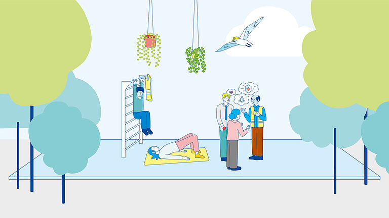 Illustration im Grünen mit verschiedenen Personen, die sich gesund verhalten