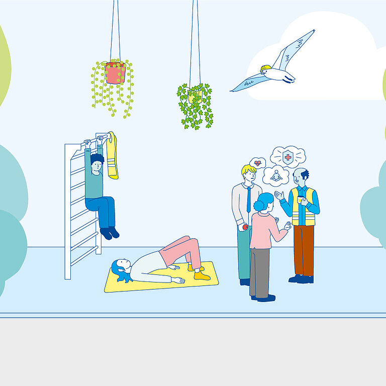 Illustration im Grünen mit verschiedenen Personen, die sich gesund verhalten