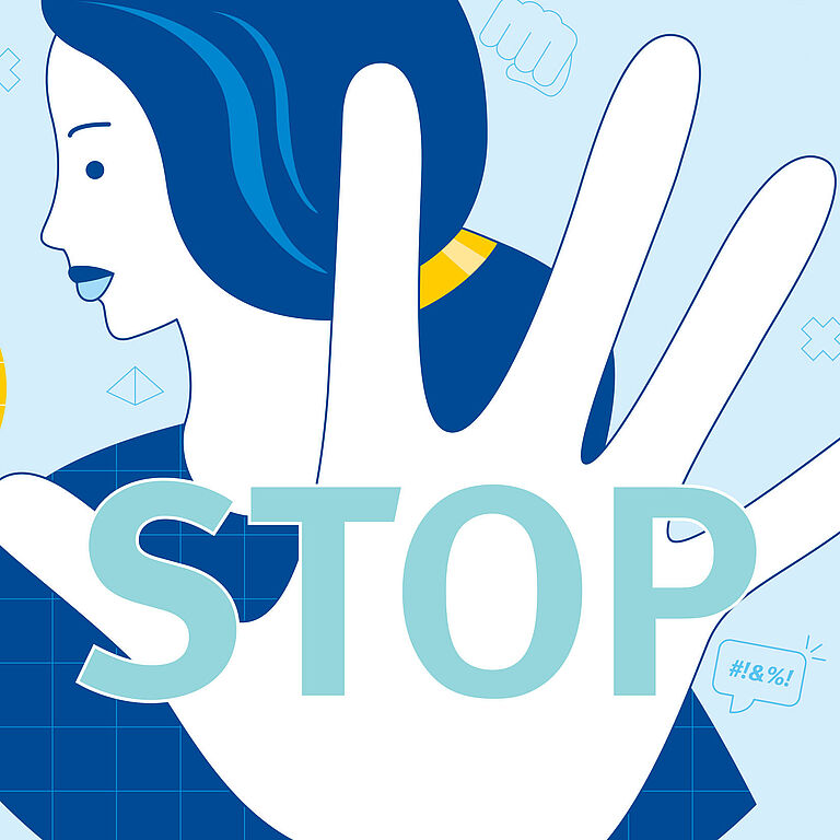 Das Bild zeigt eine Illustration von einer Frau in Seitenansicht, die ihre Hand mit einer Stop-Geste in die Kamera hält. 
