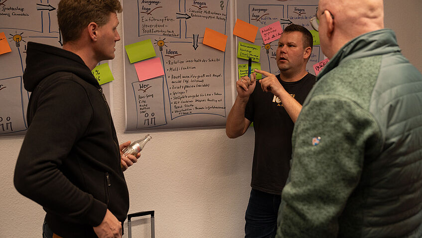 Drei Männer stehen an einer Wand, gespickt mit bunten Hinweiszetteln und diskutieren. 