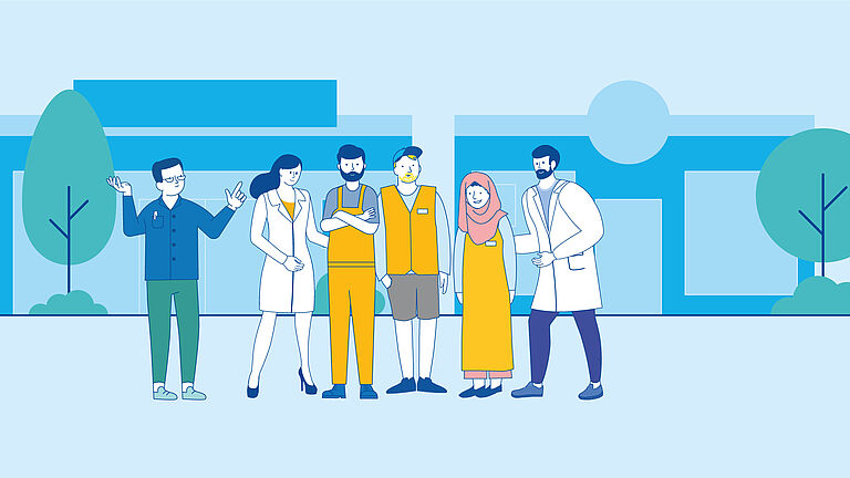 Illustration von verschiedenen Personen vor einem Gebäude