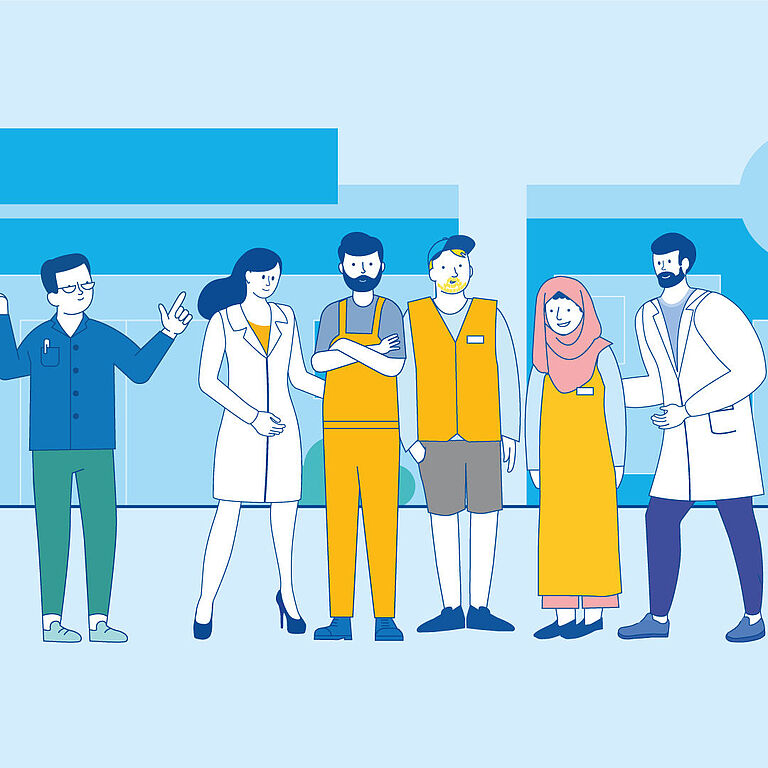 Illustration von verschiedenen Personen vor einem Gebäude