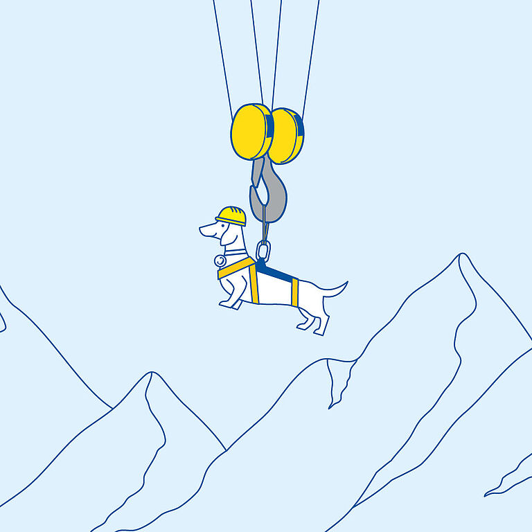 Dackel schwebt durch die Berge