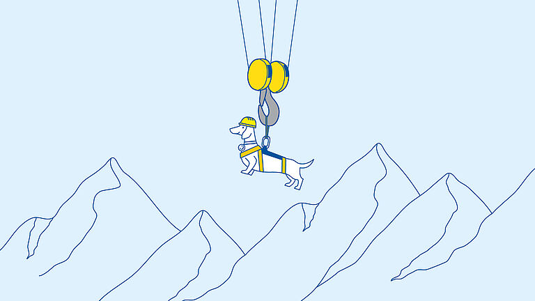 Dackel schwebt durch die Berge
