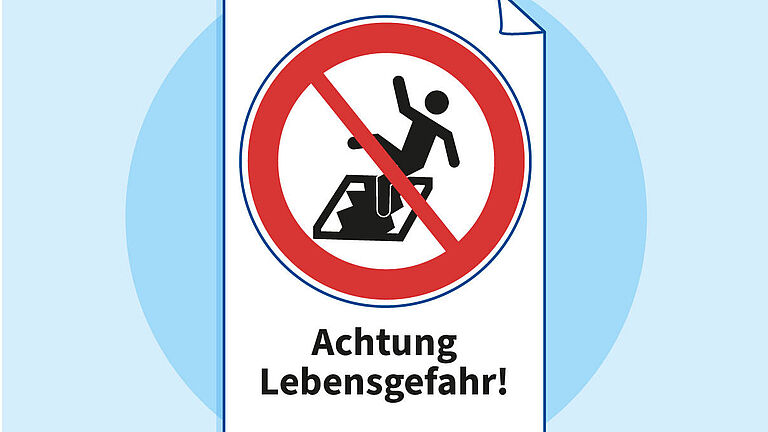 Aufkleber mit einem roten Warnschild, dass eine Person zeigt, die durch ein Glasdach bricht. Darunter steht: Achtung Lebensgefahr!