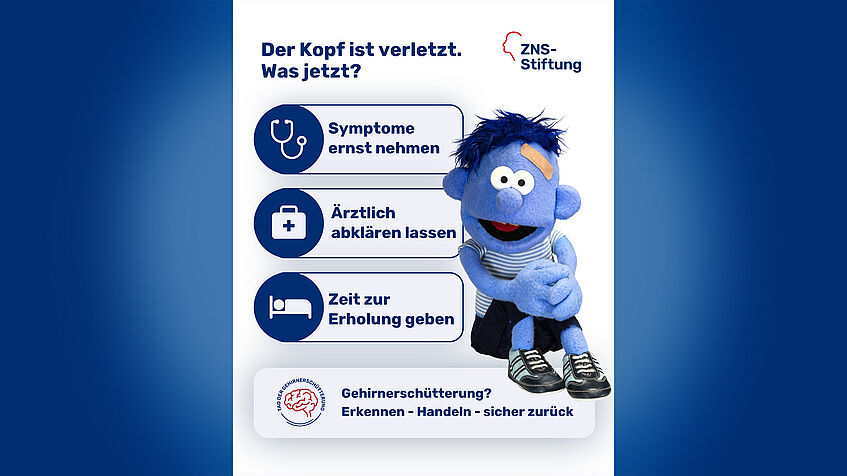 Plüschfigur, daneben Icons und Erklärtext zum Thema Kopfverletzung und Gehirnerschütterung