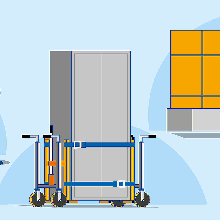 Hohe, kippgefährdete Lasten sicher transportieren: mit einem Transportgestell für ein Paket oder mit einem Gabelstapler mit Klammern als Anbaugerät sowie mit einem Transportwagen für z.B. Schaltschränke.
