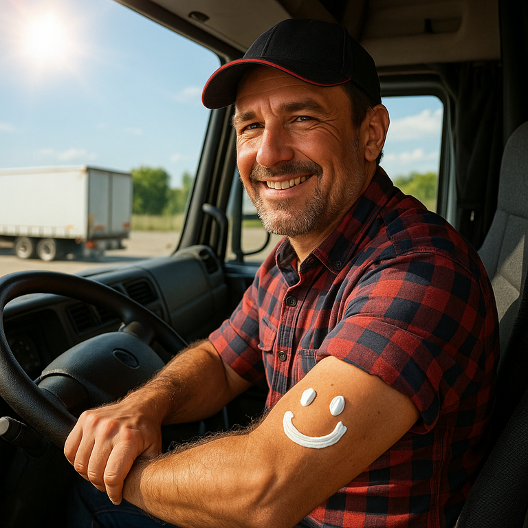 Ein Lkw-Fahrer sitzt in der Fahrerkabine bei heruntergelassenem Fenster. Die Sonne scheint und auf der Haut seines Arms ist aus Sonnencreme ein Smiley gezeichnet.