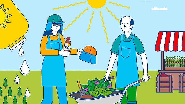 Die Sonne scheint. Ein Feld und ein Verkaufsstand mit Obst und Gemüse. Eine Frau mit Sonnenbrille reicht einem Mann, der mit hochgekrempelten Ärmeln eine Schubkarre fährt, eine Flasche Sonnencreme mit Lichtschutzfaktor 50 sowie ein Sonnenschutzkäppi mit Nackenschutz. 