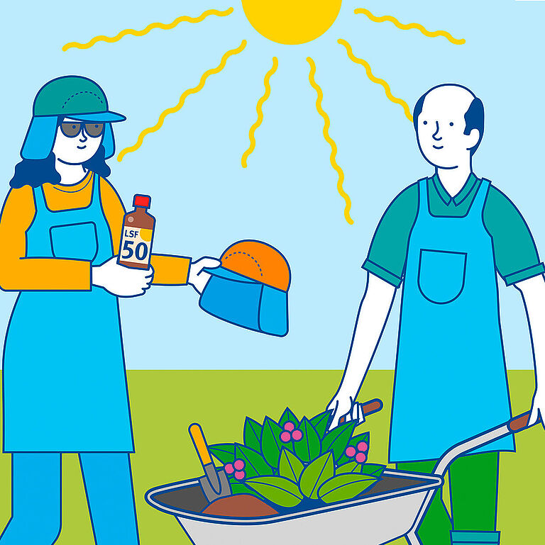 Die Sonne scheint. Ein Feld und ein Verkaufsstand mit Obst und Gemüse. Eine Frau mit Sonnenbrille reicht einem Mann, der mit hochgekrempelten Ärmeln eine Schubkarre fährt, eine Flasche Sonnencreme mit Lichtschutzfaktor 50 sowie ein Sonnenschutzkäppi mit Nackenschutz. 