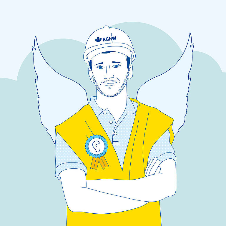 Illustration eines Mitarbeiters mit Sicherheitsweste, Helm und Flügeln wie ein Engel