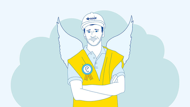 Illustration eines Mitarbeiters mit Sicherheitsweste, Helm und Flügeln wie ein Engel