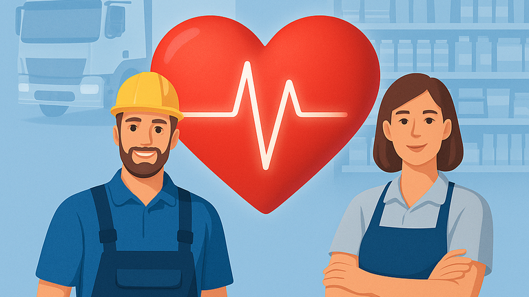 Eine Grafik zeigt links eine Frau und rechts einen Mann in Arbeitskleidung mit Helm. In der Mitte ein Herz mit einer EKG-Kurve. Im Hintergrund steht ein Gebäude und ein Lkw