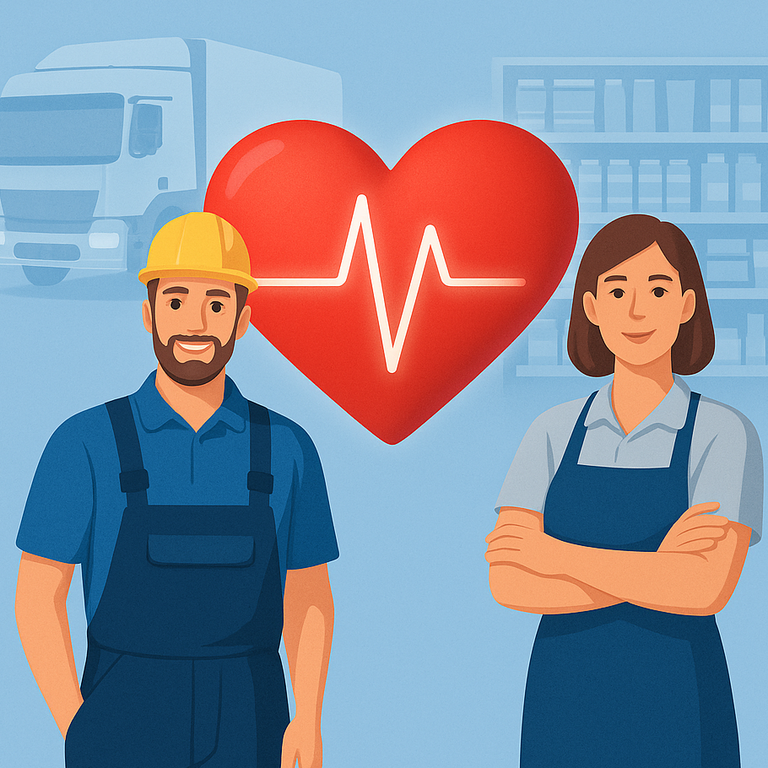 Eine Grafik zeigt links eine Frau und rechts einen Mann in Arbeitskleidung mit Helm. In der Mitte ein Herz mit einer EKG-Kurve. Im Hintergrund steht ein Gebäude und ein Lkw