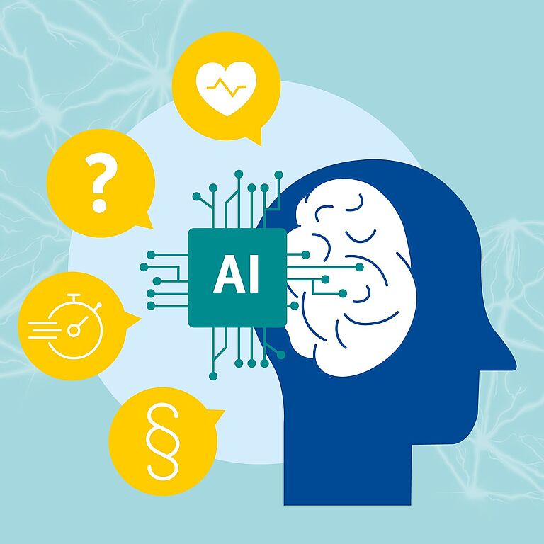 Illustration eines Kopfes mit Gehirn, um den Hinterkopf kreisen Icons, die auf Themen rund um Künstliche Intelligenz anspielen