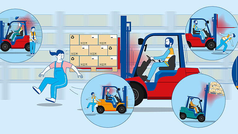 Die Grafik zeigt fünf Sünden im Umgang mit dem Gabelstapler: zu schnell fahren, rückwärtsfahren ohne hinzuschauen, Lasten zu hoch transportieren, Gabeln bei Leerfahrten nicht absenken, Schlüssel stecken lassen.