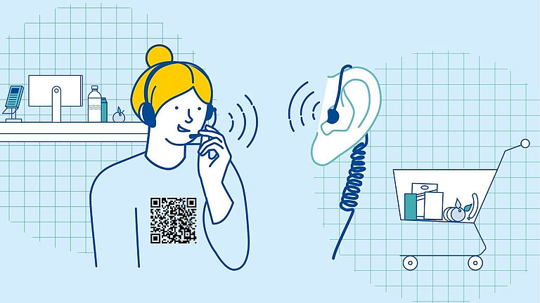 Illustration mit Frau, die ein Headset trägt und ein QR-Code