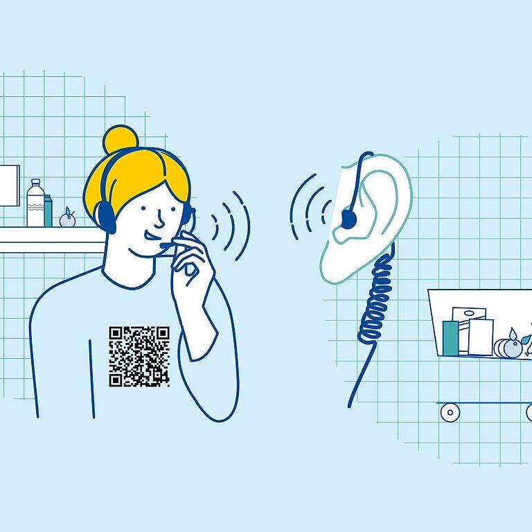 Illustration mit Frau, die ein Headset trägt und ein QR-Code