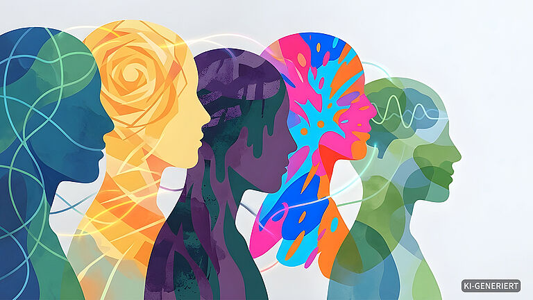 Illustration von fünf Kopfsilhouetten, die mit verschiedenen Farben und Mustern gefüllt sind.