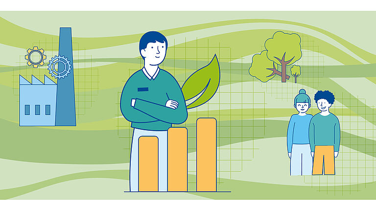 Illustration, die einen Unternehmer vor einem Firmengebäude zeigt sowie Mitarbeitende, alles ist mit einem grünen Fond unterlegt
