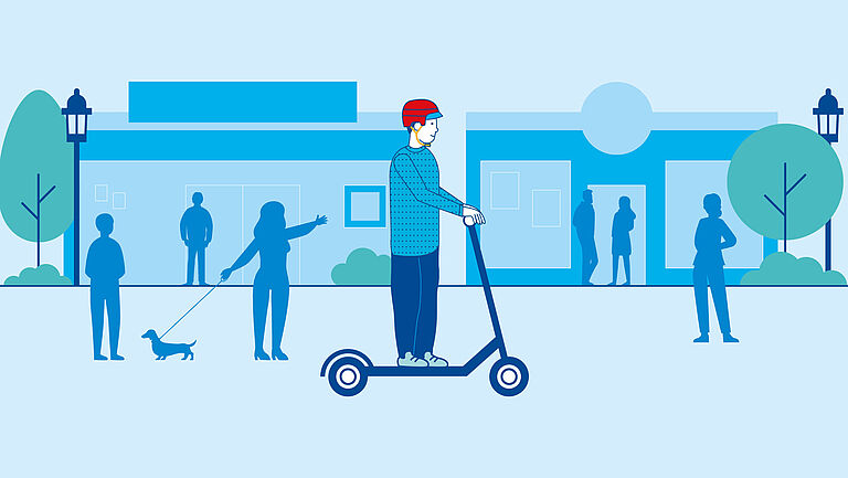 E-Scooter-Fahrender unterwegs in der Fußgängerzone