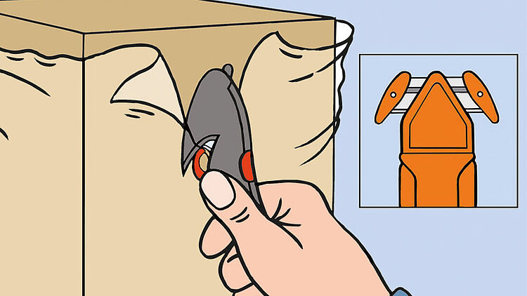 Das Aufschneiden von Folienverpackung an einem Karton mit einem Folienmesser.