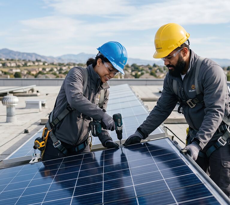 Handwerker arbeiten auf einem Dach an einer Solaranlage