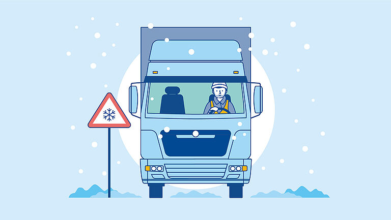 Lkw im Winter mit einem Frostwarnschild