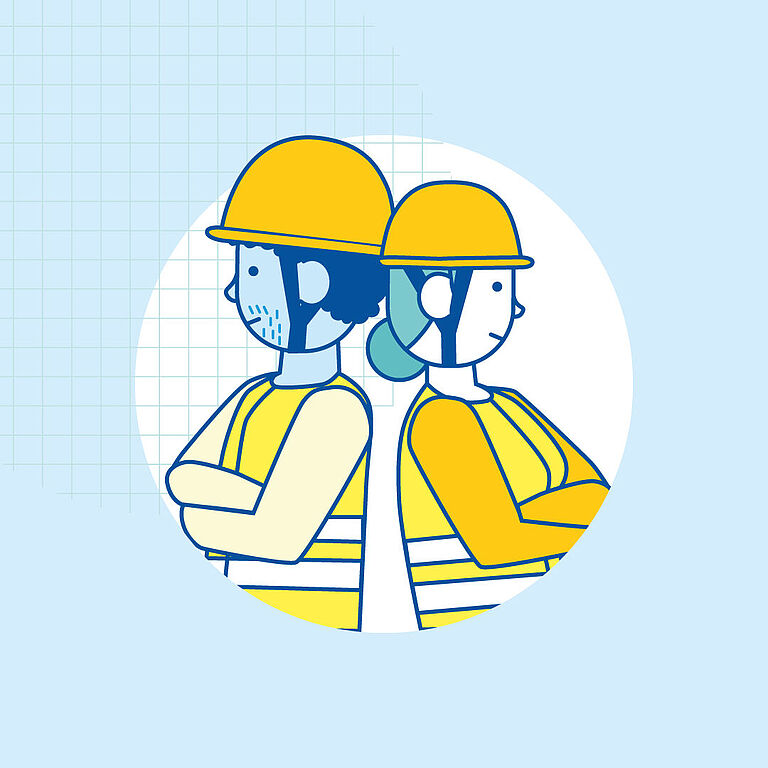 Illustration eine Frau, ein Mann mit Helm und Warnweste, lehnen Rücken an Rücken