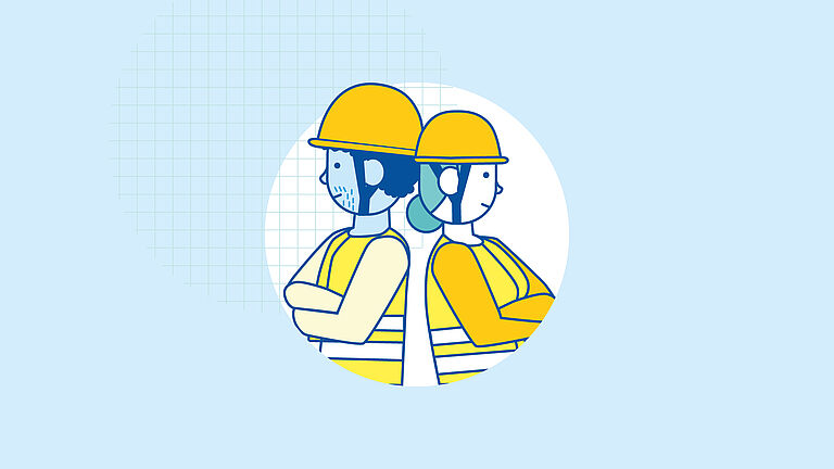 Illustration eine Frau, ein Mann mit Helm und Warnweste, lehnen Rücken an Rücken