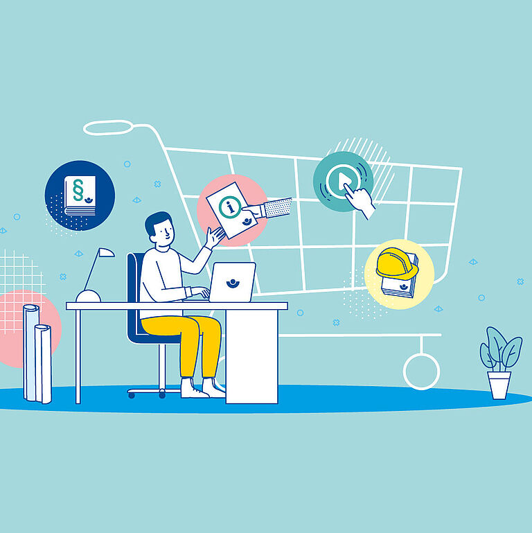 Eine Grafik, die einen Mann an einem Schreibtisch vor einem Notebook zeigt, der eine Bestellung im Medienshop tätigt. Rund herum sind Kreise angeordnet, darin: Ein Gesetzbuch, eine Informationsschrift, ein Helm. auf einer Informationsschrift