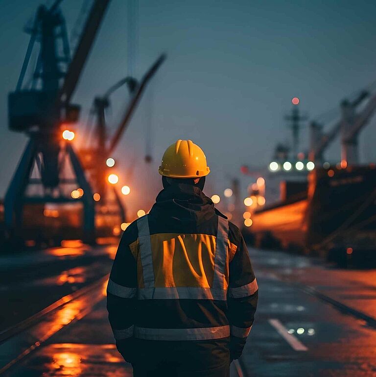 Ein Beschäftigter in Warnkleidung steht allein auf einem Hafengelände vor Kränen und einem Frachtschiff und blickt in die Ferne.