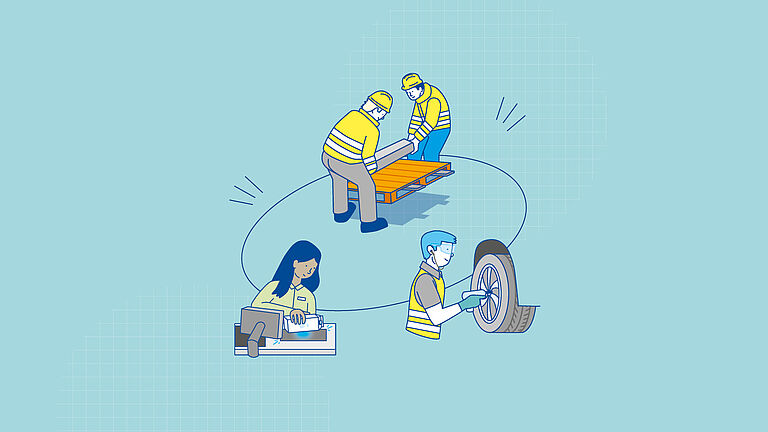 Grafik: Frau an Supermarktkasse, Mann bei der Reifenmontage, zwei Männer heben Last an.