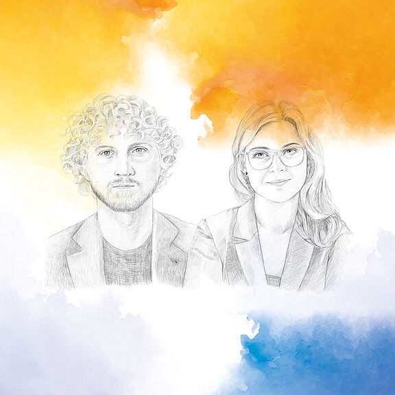 Kuenstliche-Intelligenz_BGHW_Expertengespraech_Elisa-Clauss-BDA_und_Philosoph_Christian-Uhle illustriertes Doppelporträt von Christian Uhle und Elisa Clauss