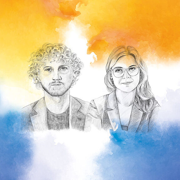 illustriertes Doppelporträt von Christian Uhle und Elisa Clauss