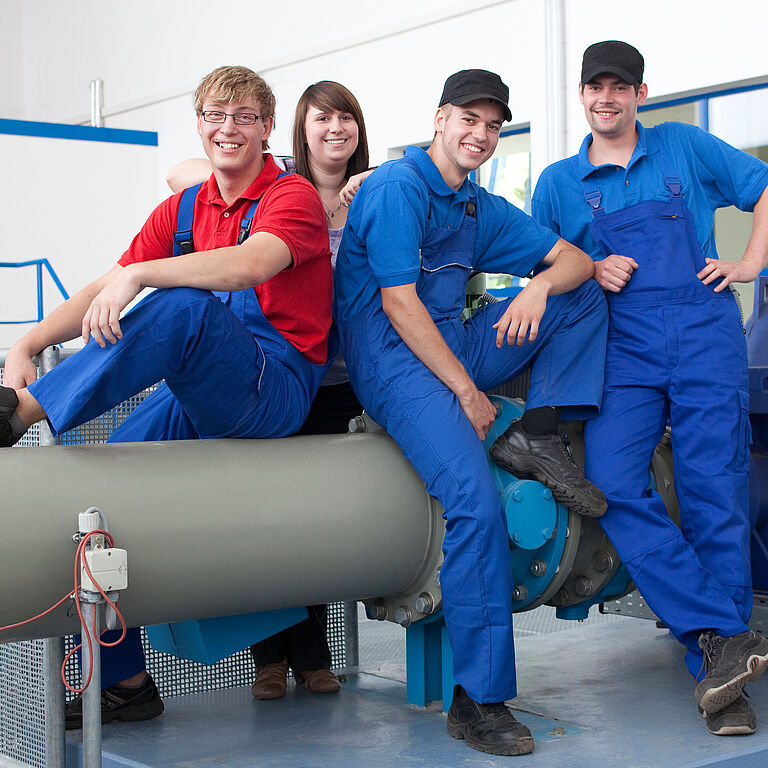 Gruppenbild mit vier jungen Menschen, die in Blaumännern vor, auf und hinter einem Rohr posieren.