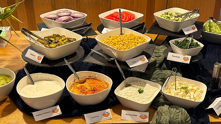Ein Tisch voll gedeckt mit Schüsselchen voller Rohkost und Dips