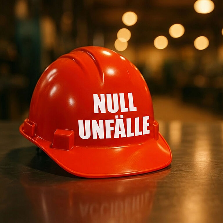 Das Bild zeigt einen roten Helm mit der weißen Aufschrift "Null Unfälle" 