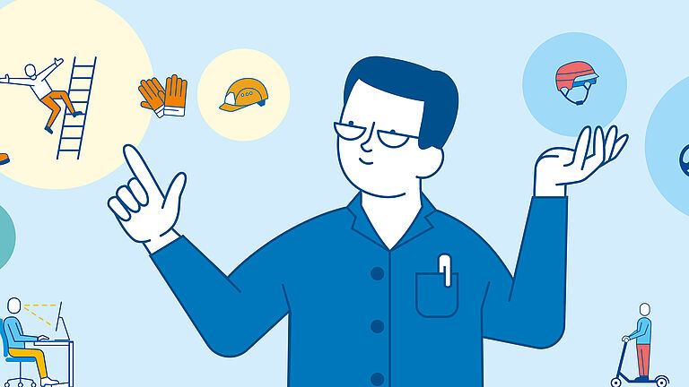 Die Illustration zeigt einen Ausbilder, der von verschiedenen Icons umgeben ist, die unterschiedliche Medientipps symbolisieren.