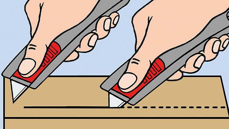Beginn der Schnittführung am Karton mit Daumen am Schieber des Sicherheitsmessers.