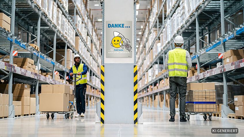 Gang in einem Warenlager, zwei Menschen in Sicherheitskleidung, auf einer Säule klebt ein Plakat mit Smiley