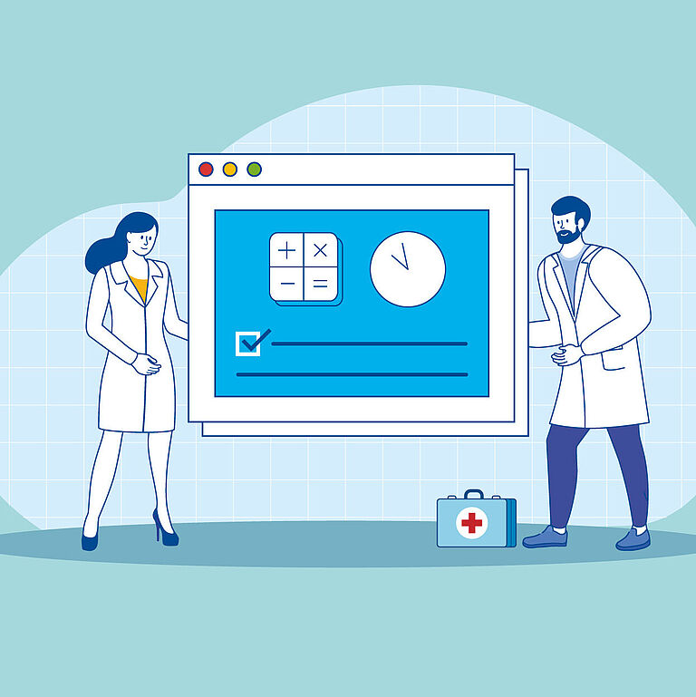 Illustration einer Arbeitsmedizinerin und eines Arbeitsmediziners vor einem übergroßen Bildschirm