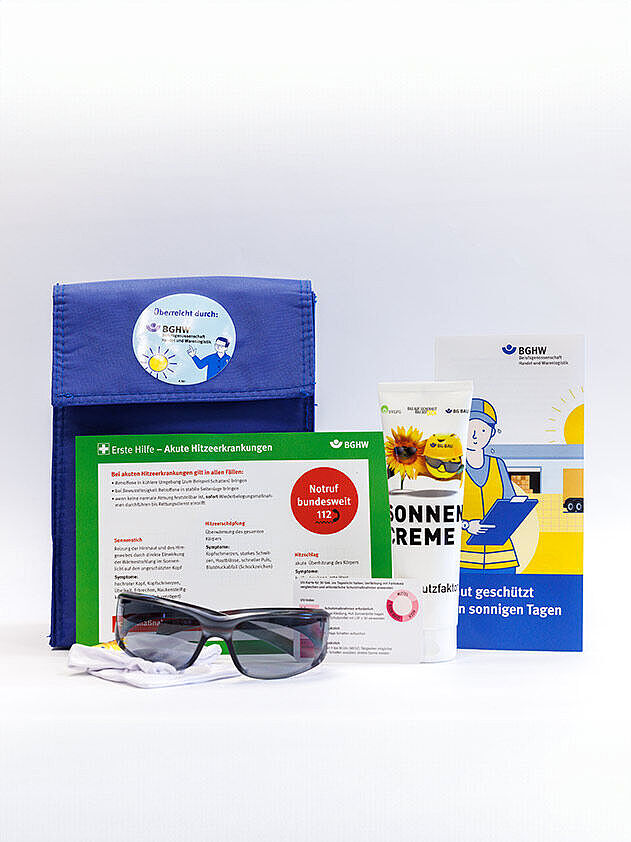 UV-Schutz-Paket der BGHW mit Sonnenbrille, Sonnencreme, Kühltasche und Infomaterial
