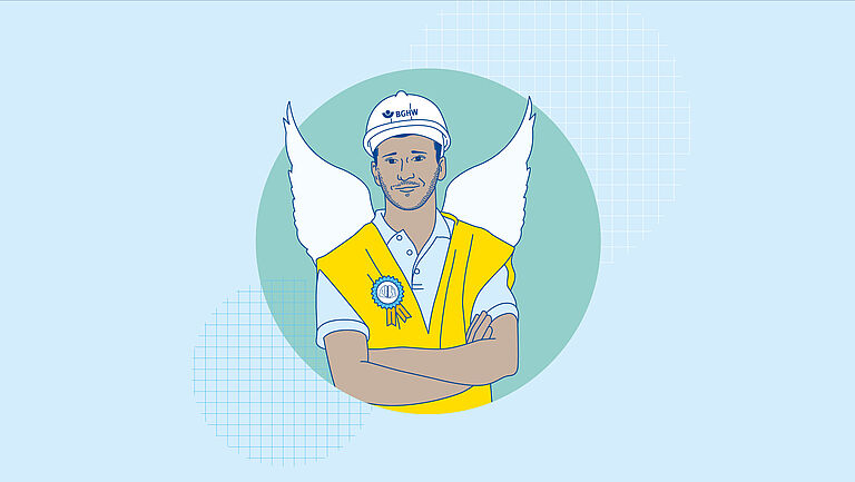 Die Illustration zeigt einen BGHW-Schutzengel für das Thema Psychische Belastung, er trägt eine Warnweste und einen Helm.