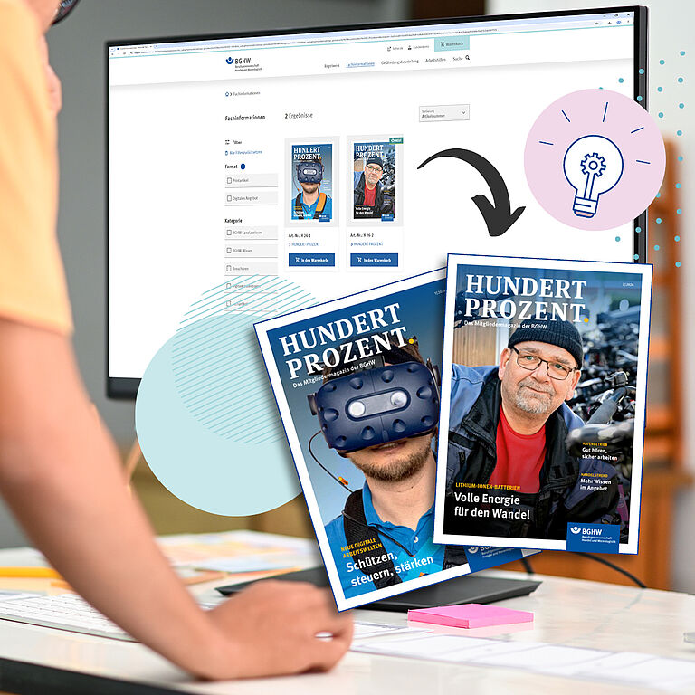 Ein Mann bestellt im Medienshop der BGHW das Printmagazin Hundert Prozent. Ein Monitor zeigt die Internetseite mit der Bestellmöglichkeit, vor dem Bildschirm sind im Luftraum zwei Ausgaben des Magazins zu sehen.