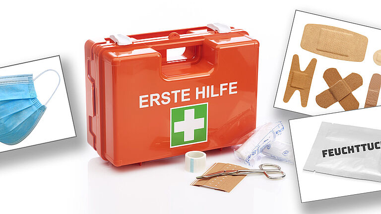 Eine Fotomontage, die einen Verbandkasten zeigt und die neuen Materialien, die nach der Aktualisierung der DIN-Normen hinzukommen