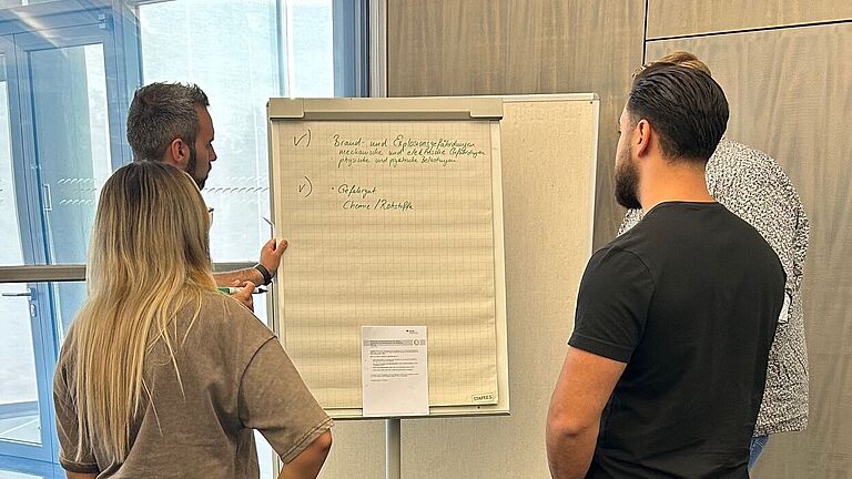 Während eines Workshops sind vier Personen zu sehen, die auf einen Flipchart schauen.