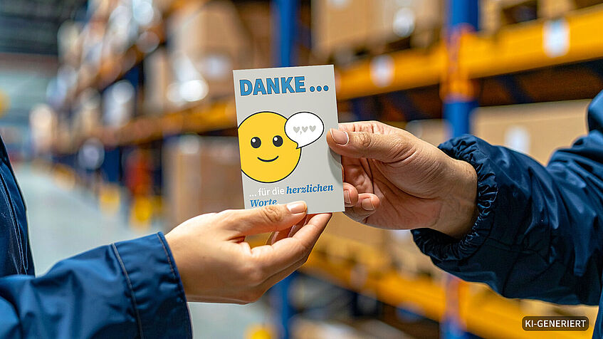Eine Hand reicht eine Postkarte mit Smileys einer anderen Hand.