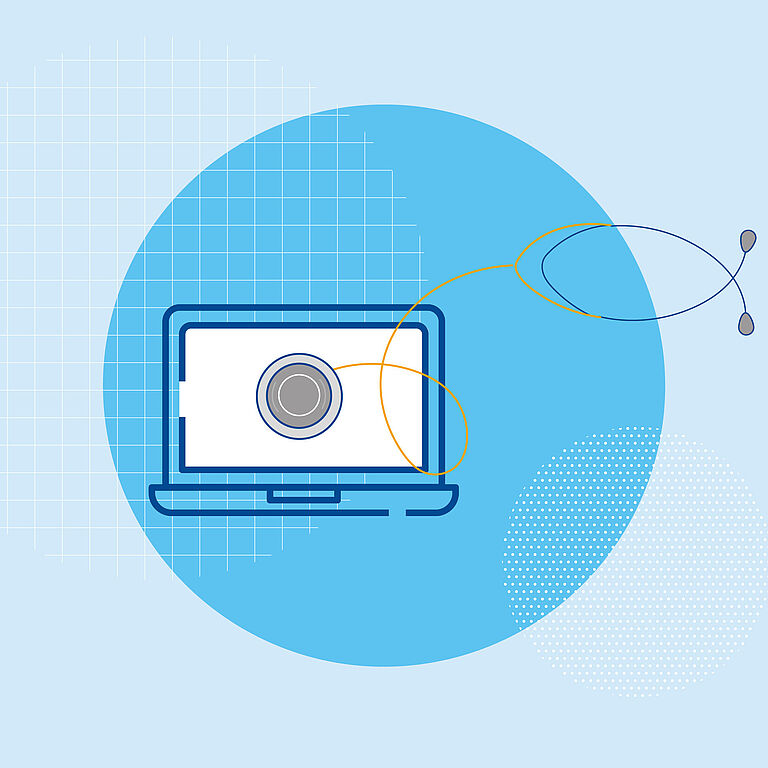 Illustration zum Thema digitale Rehabilitation mit einem Stethoskop, das mit einen Monitor verbunden ist