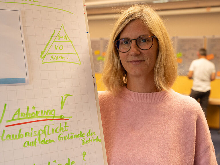 Natalie Simon, Peine Frau im rosa Pullover, steht rechts neben einem Flipchart und schaut freundlich in die Kamera. 